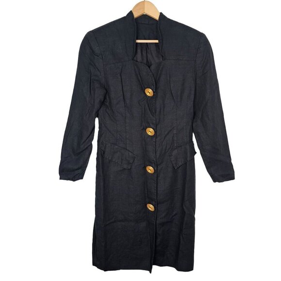 Vintage Linen Button Front Mandarin Collar Midi Dress 80s-90s Women's S/M, 10 - Picture 1 of 14